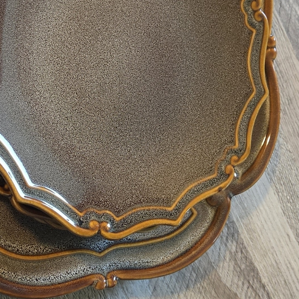 Bombay Company Scalloped Earth Tone Gold Trim Plates Large Serving Platter Set - Picture 10 of 10